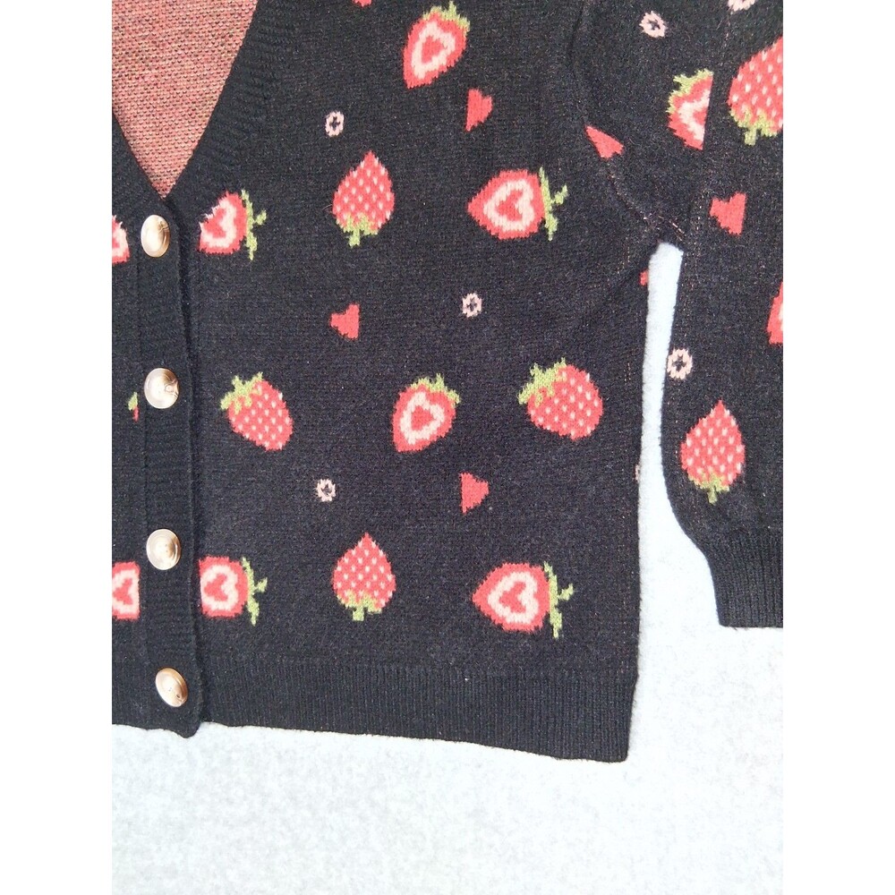 Cider Ballon Sleeve Button Up Cardigan Womens 1XL Black Strawberry Fruit Preppy - Picture 7 of 13